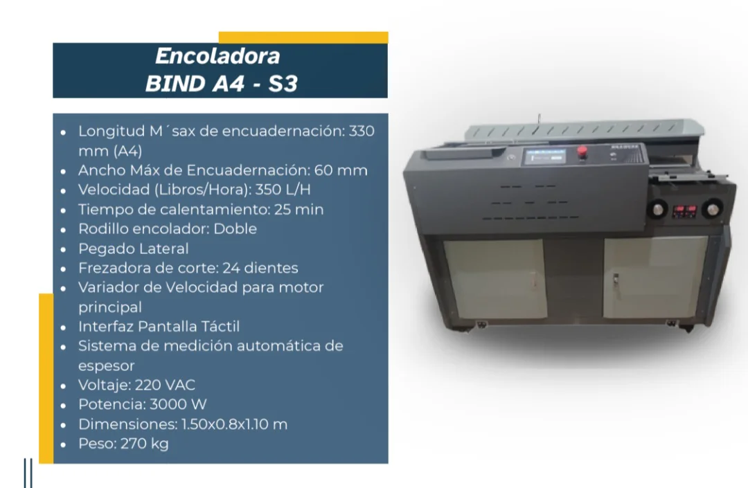 Encoladora BIND A4-S3 — Encoladora de papel para encuadernación profesional. Kethal Business, Lima, Perú
